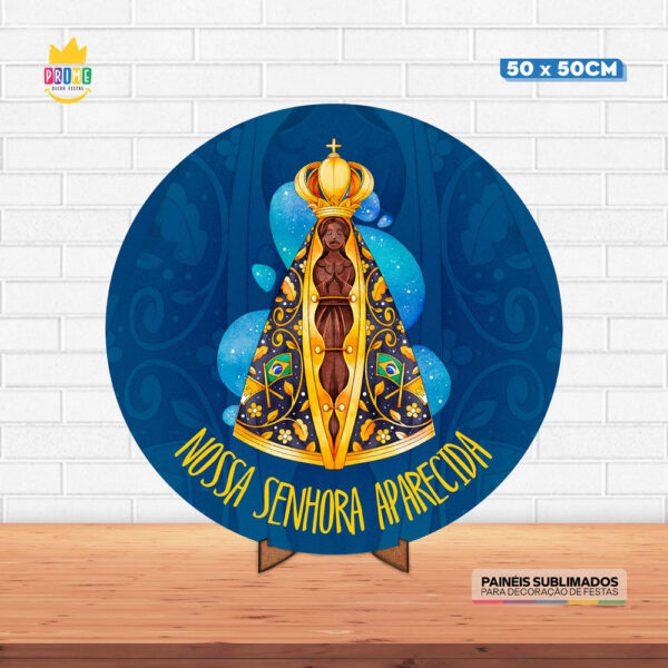Painel Redondo 3D Nossa Senhora Aparecida  Tecido 50cm X 50cm Com Suporte MDF