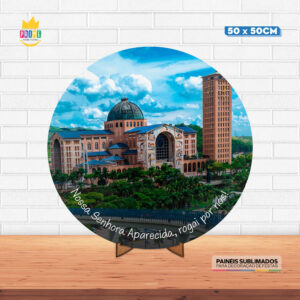 Painel Redondo 3D Nossa Senhora Aparecida  Tecido 50cm X 50cm Com Suporte MDF
