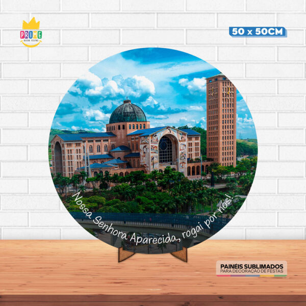 Painel Redondo 3D Nossa Senhora Aparecida  Tecido 50cm X 50cm Com Suporte MDF