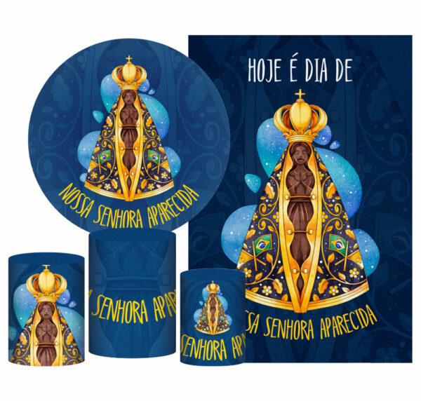 Kit Casado Nossa Senhora Aparecida Painel Redondo Trio Capas Cilindro Retangular Vertical Em Tecido