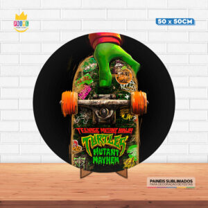 Painel Redondo 3D Tartarugas Ninjas Tecido 50cm X 50cm Com Suporte MDF