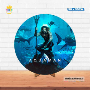 Painel Redondo 3D Aquaman Tecido 50cm X 50cm Com Suporte MDF