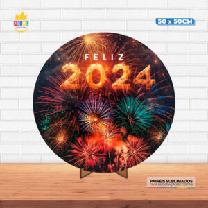 Painel Redondo 3D Ano Novo Tecido 50cm X 50cm Com Suporte MDF