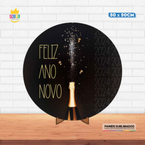 Painel Redondo 3D Ano Novo Tecido 50cm X 50cm Com Suporte MDF