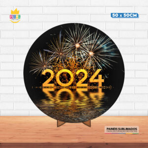 Painel Redondo 3D Ano Novo Tecido 50cm X 50cm Com Suporte MDF