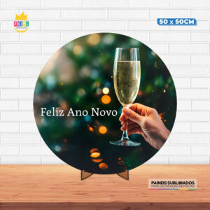 Painel Redondo 3D Ano Novo Tecido 50cm X 50cm Com Suporte MDF