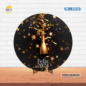 Painel Redondo 3D Ano Novo Tecido 50cm X 50cm Com Suporte MDF