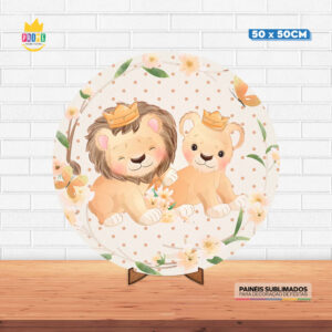 Painel Redondo 3D Leãozinho Tecido 50cm X 50cm Com Suporte MDF