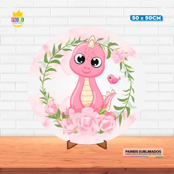 Painel Redondo 3D Dinossauro Cute Tecido 50cm X 50cm Com Suporte MDF