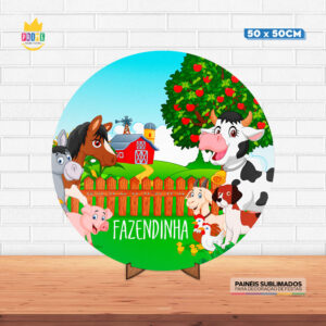 Painel Redondo 3D Fazendinha Tecido 50cm X 50cm Com Suporte MDF