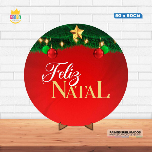 Painel Redondo 3D Natal Tecido 50cm X 50cm Com Suporte MDF