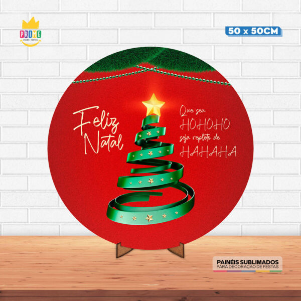 Painel Redondo 3D Natal Tecido 50cm X 50cm Com Suporte MDF
