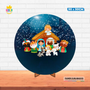 Painel Redondo 3D Natal Tecido 50cm X 50cm Com Suporte MDF