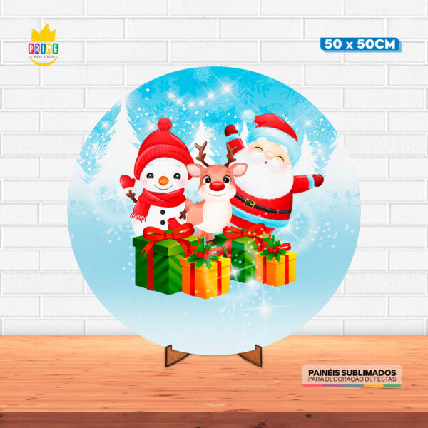 Painel Redondo 3D Natal Tecido 50cm X 50cm Com Suporte MDF