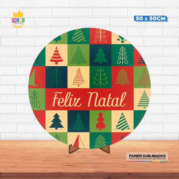 Painel Redondo 3D Natal Tecido 50cm X 50cm Com Suporte MDF