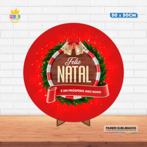 Painel Redondo 3D Natal Tecido 50cm X 50cm Com Suporte MDF