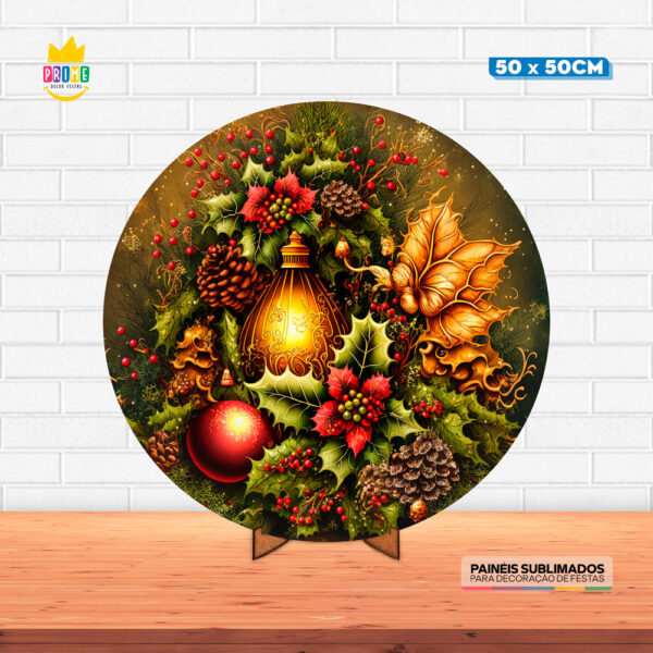 Painel Redondo 3D Natal Tecido 50cm X 50cm Com Suporte MDF