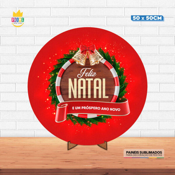 Painel Redondo 3D Natal Tecido 50cm X 50cm Com Suporte MDF
