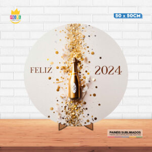 Painel Redondo 3D Ano Novo Tecido 50cm X 50cm Com Suporte MDF