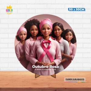 Painel Redondo 3D Outubro Rosa Tecido 50cm X 50cm Com Suporte MDF