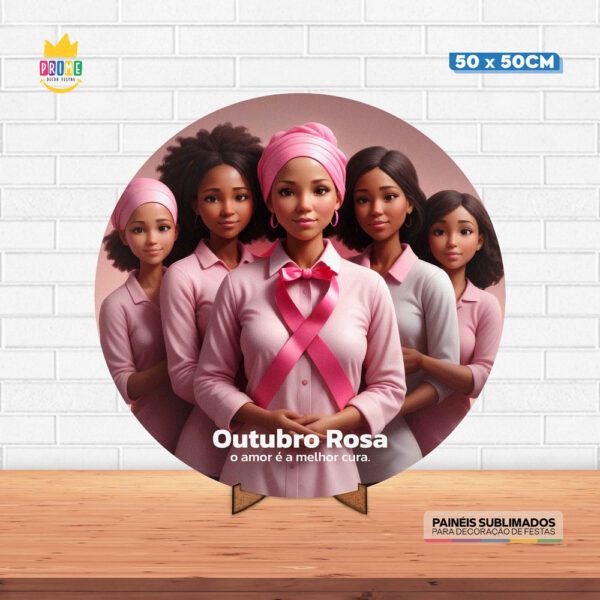 Painel Redondo 3D Outubro Rosa Tecido 50cm X 50cm Com Suporte MDF