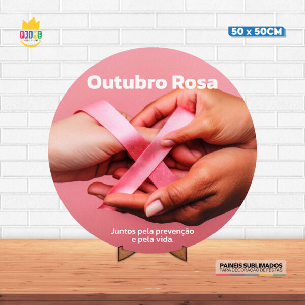 Painel Redondo 3D Outubro Rosa Tecido 50cm X 50cm Com Suporte MDF