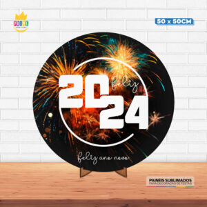 Painel Redondo 3D Ano Novo Tecido 50cm X 50cm Com Suporte MDF