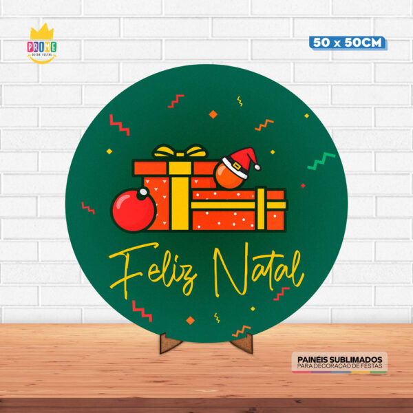 Painel Redondo 3D Natal Tecido 50cm X 50cm Com Suporte MDF