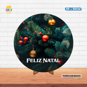 Painel Redondo 3D Natal Tecido 50cm X 50cm Com Suporte MDF