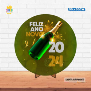 Painel Redondo 3D Ano Novo Tecido 50cm X 50cm Com Suporte MDF