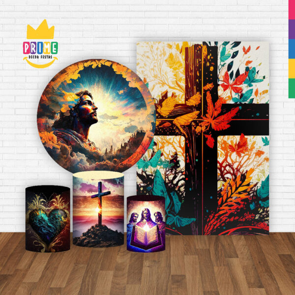 Kit Casado Páscoa Religiosa Painel Redondo Trio Capas Cilindro Retangular Vertical Em Tecido - Image 2
