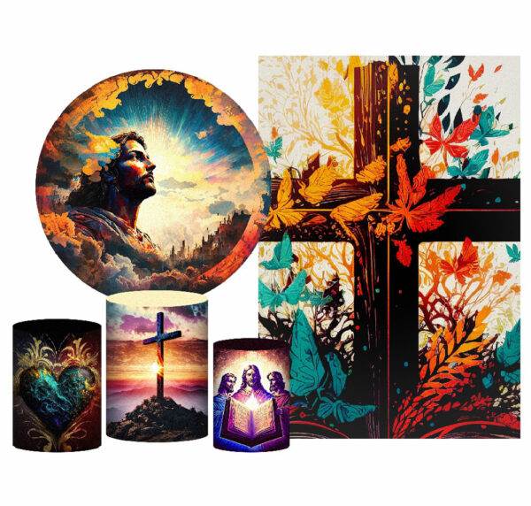 Kit Casado Páscoa Religiosa Painel Redondo Trio Capas Cilindro Retangular Vertical Em Tecido
