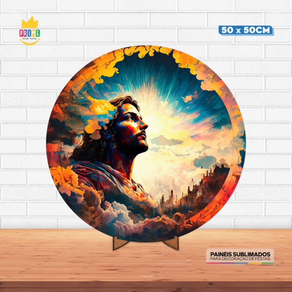 Painel Redondo 3D Páscoa Religiosa Tecido 50cm X 50cm Com Suporte MDF