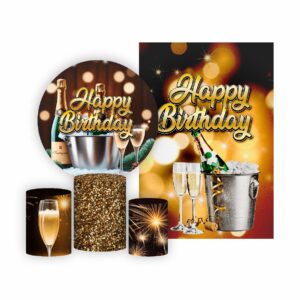 Kit Casado Happy Birthday Painel Redondo Trio  Cilindro Retangular Vertical Em Tecido HB01