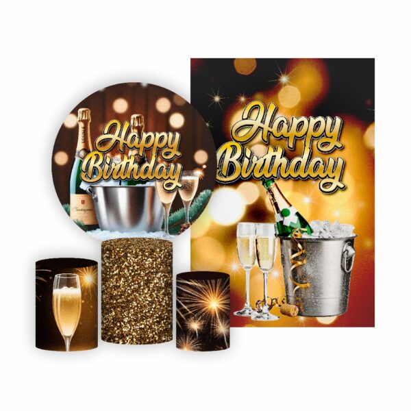 Kit Casado Happy Birthday Painel Redondo Trio  Cilindro Retangular Vertical Em Tecido HB01
