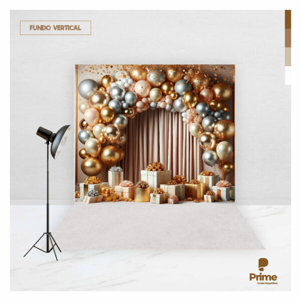 Fundo Fotográfico Cenário Balões Dourado Aniversario em Tecido 2,20m x1,50m F913 - Image 2