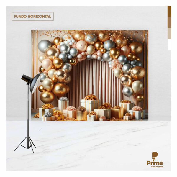 Fundo Fotográfico Cenário Balões Dourado Aniversario em Tecido 2,20m x1,50m F913 - Image 4