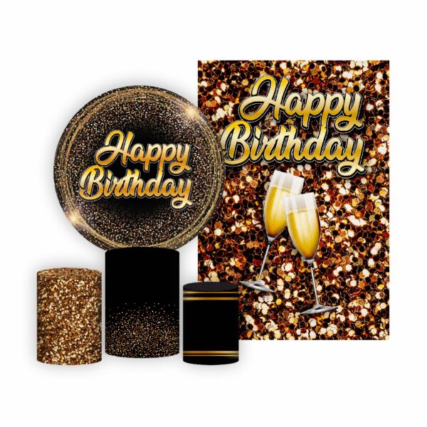 Kit Casado Happy Birthday Painel Redondo Trio  Cilindro Retangular Vertical Em Tecido HB03