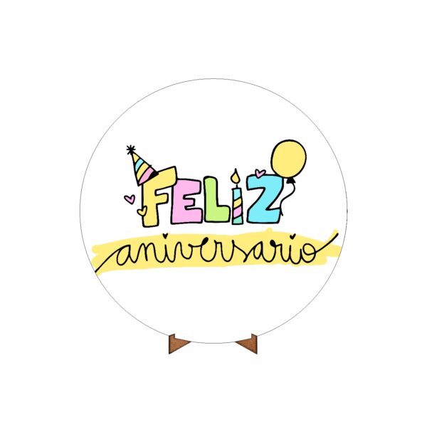 Painel Redondo 3D Feliz Aniversario 50cm X 50cm Suporte MDF