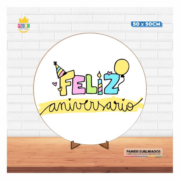 Painel Redondo 3D Feliz Aniversario 50cm X 50cm Suporte MDF - Image 3