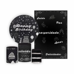 Kit Casado Happy Birthday Painel Redondo Trio  Cilindro Retangular Vertical Em Tecido HB02