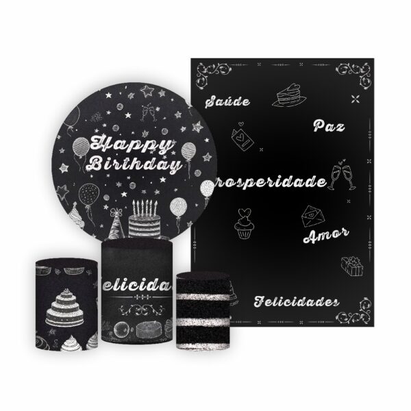 Kit Casado Happy Birthday Painel Redondo Trio  Cilindro Retangular Vertical Em Tecido HB02