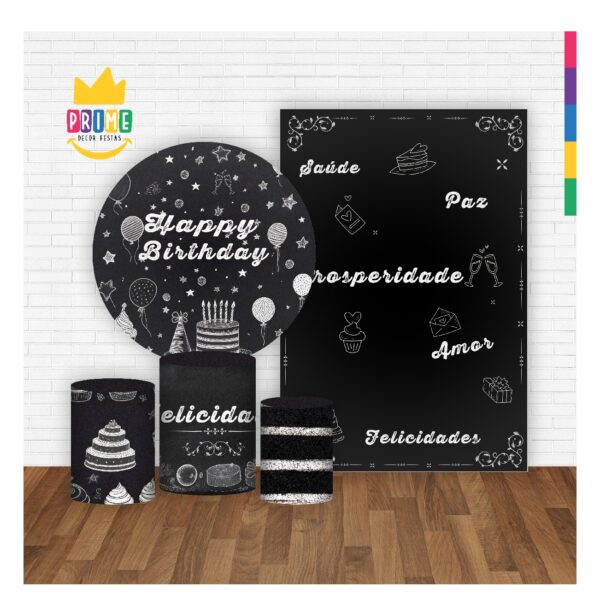 Kit Casado Happy Birthday Painel Redondo Trio  Cilindro Retangular Vertical Em Tecido HB02 - Image 2