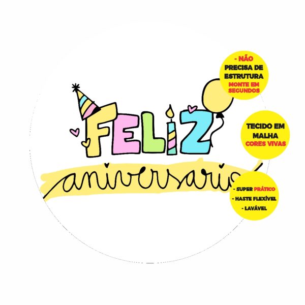 Painel Redondo 3D Feliz Aniversario Abre Fácil 1,50m X 1,50m