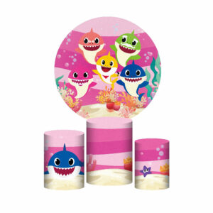Trio Capa Cilindro + Painel Redondo 3D Baby Shark Rosa 1,50m Veste Fácil