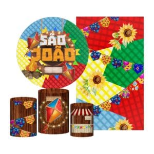 Kit Casado São João Painel Redondo Trio Capas Cilindro Retangular Vertical Em Tecido