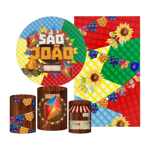 Kit Casado São João Painel Redondo Trio Capas Cilindro Retangular Vertical Em Tecido