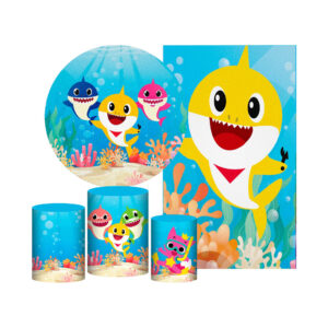 Kit Casado Baby Shark Painel Redondo Trio Capas Cilindro Retangular Vertical Em Tecido