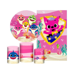 Kit Casado Baby Shark Rosa Painel Redondo Trio Capas Cilindro Retangular Vertical Em Tecido