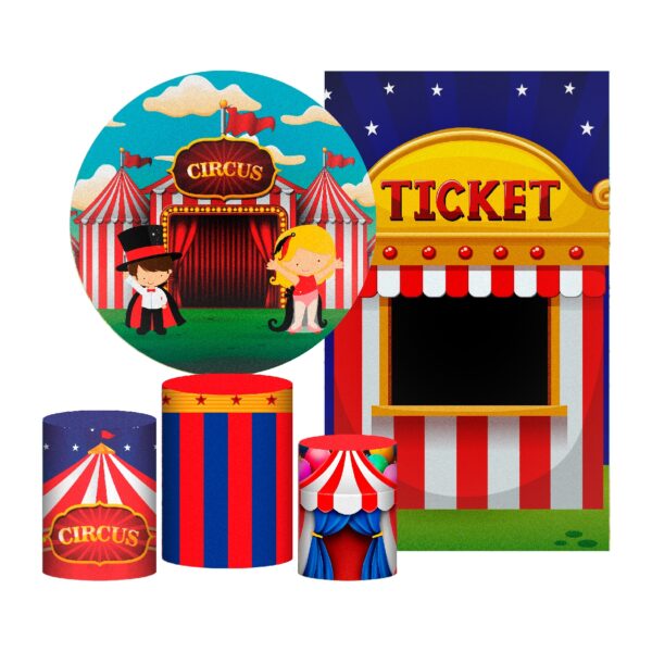 Kit Casado Circo Painel Redondo Trio Capas Cilindro Retangular Vertical Em Tecido